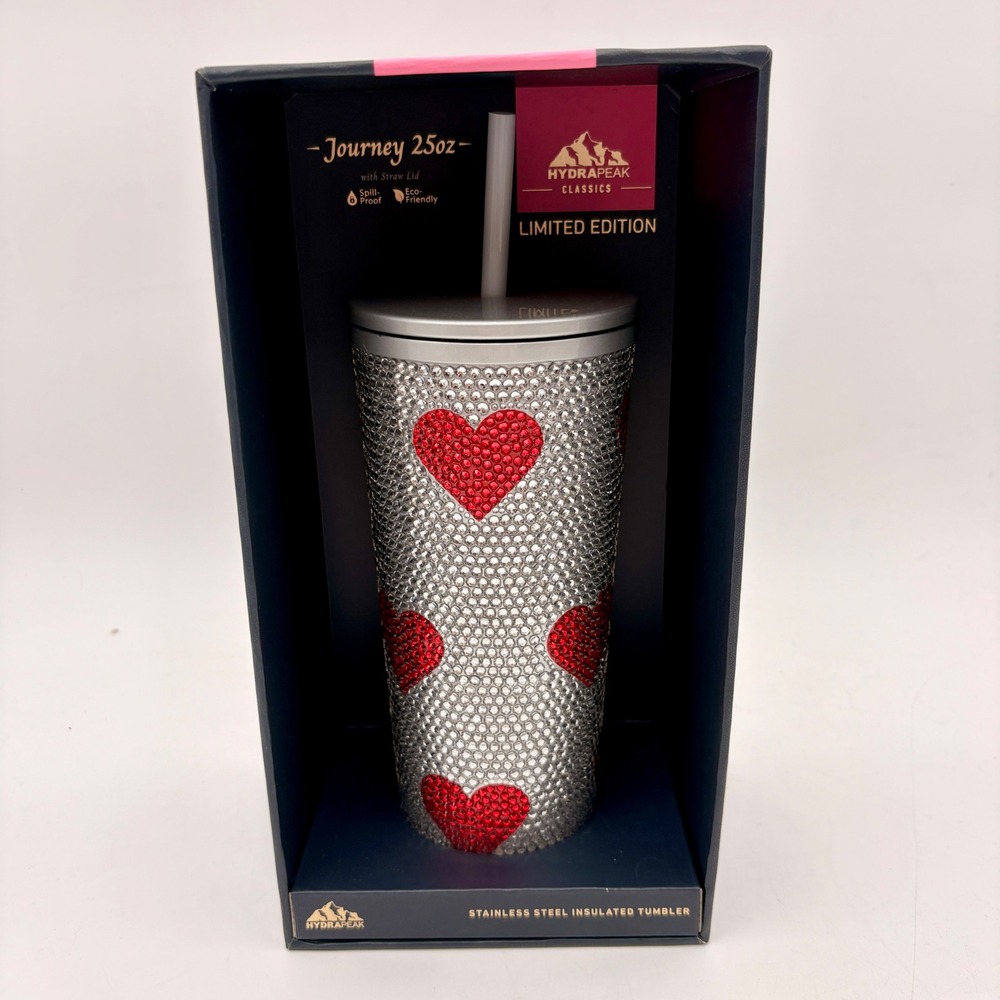 Hydrapeak 25oz Journey Tumbler Limited Edition Rhinestone Red Heart Silver Bling